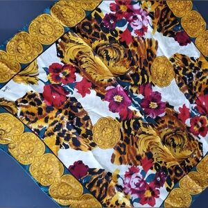 Vintage Honey Scarf Baroque Leopard Floral Gold Chain Print 30” Square Satin